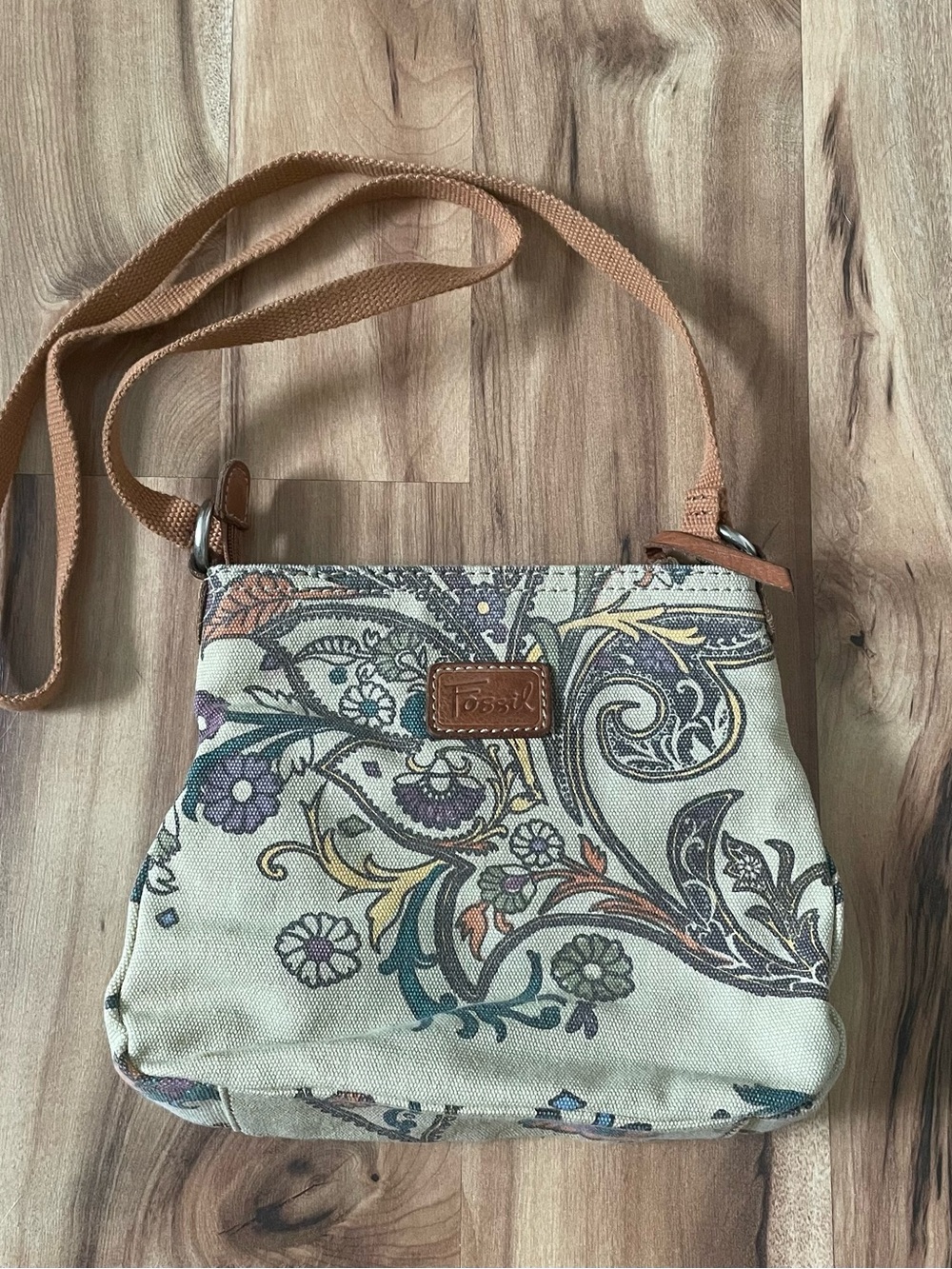 Vintage 00s FOSSIL Tapestry Canvas Crossbody Bag Paisley Floral Boho